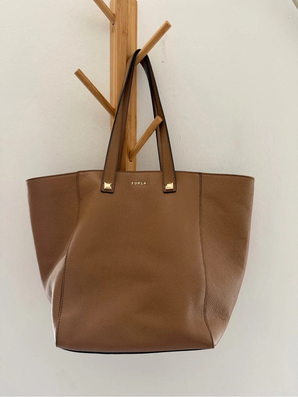 Furla Cognac Pebbled Leather Tote with Gold Accents - Picture 1 of 5
